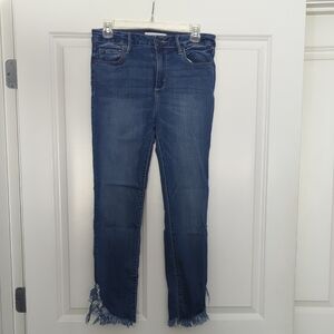 Blue Ankle Cropped Jeans with Frayed Hem